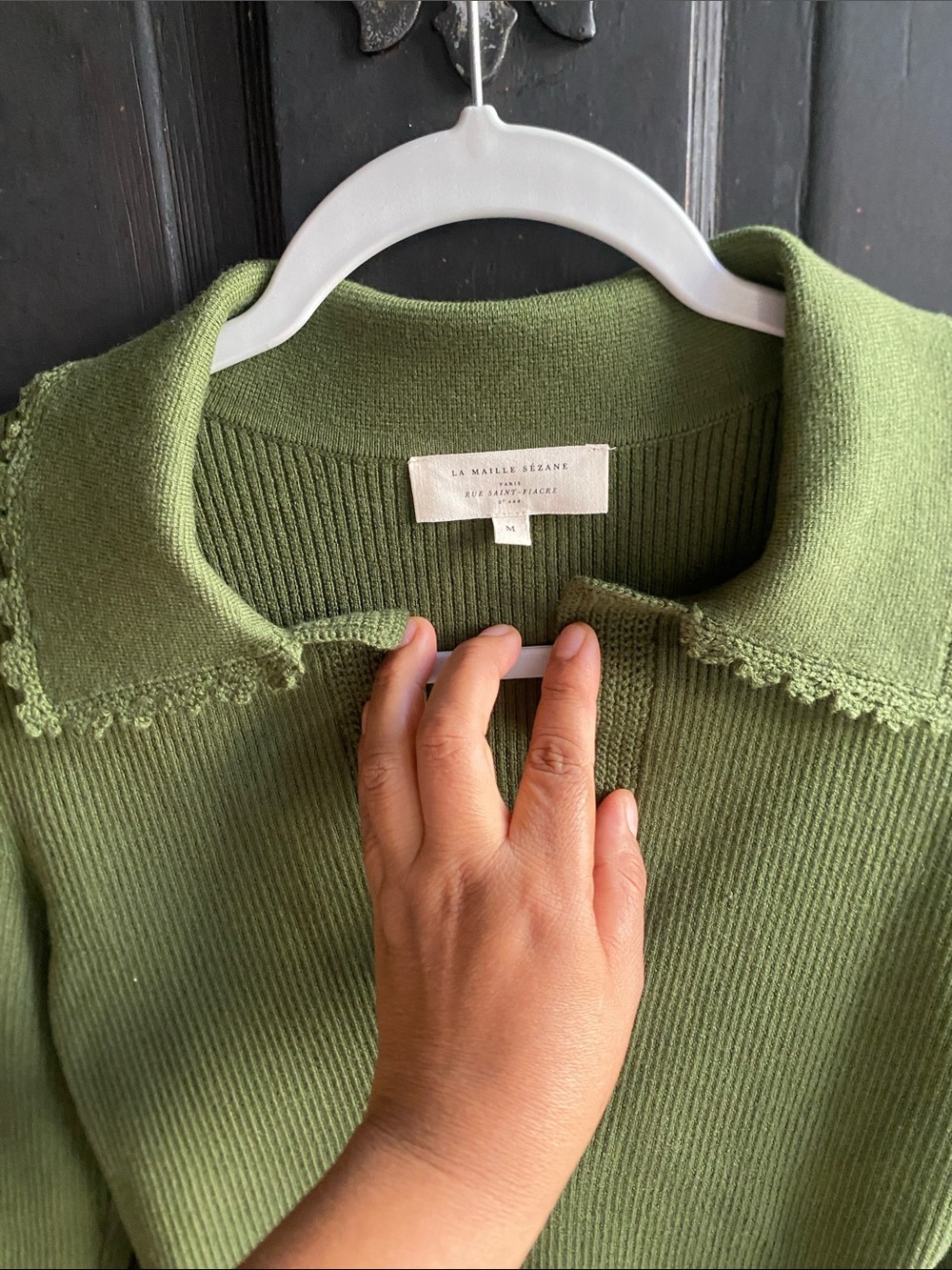 Sezane Olive Green Ribbed V-Neck Sweater with Notched Collar - Picture 9 of 10